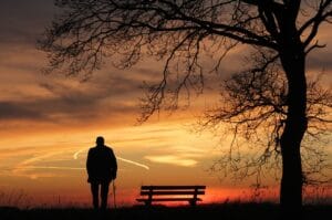 sunset, tree, silhouette, dusk, lonely, evening atmosphere, mood, the atmosphere, peaceful, alone, nature, sad, quiet, eve, silence, peaceful mood, man, old man, bank, races, rest