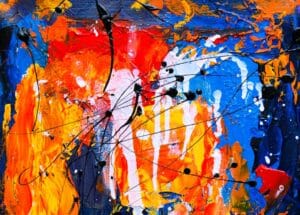 Dynamic abstract painting with vibrant colors, showcasing flowing patterns and expressionist style.