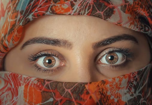 A striking close-up shot of a woman's eyes framed by a colorful headscarf, capturing beauty and mystery.